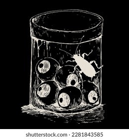 simple design, eyeballs inside the jar and cockroaches outside.