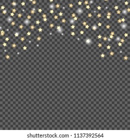 Simple design of falling stars on dark, transparent isolated background. Vector illustration template.