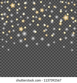 Simple design of falling stars on dark, transparent isolated background. Vector illustration template.