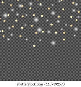 Simple design of falling stars on dark, transparent isolated background. Vector illustration template.