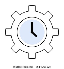Un diseño sencillo que presenta un reloj con agujas negras dentro de un círculo azul claro, encerrado en forma de engranaje blanco. Ideal para temas de gestión del tiempo, ingeniería, tecnología, productividad y eficiencia.