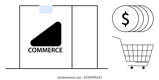 A simple design featuring a commerce logo, shopping cart, and currency symbols. Ideal for online shopping marketplace finance e-commerce and business themes. Clean minimalist style