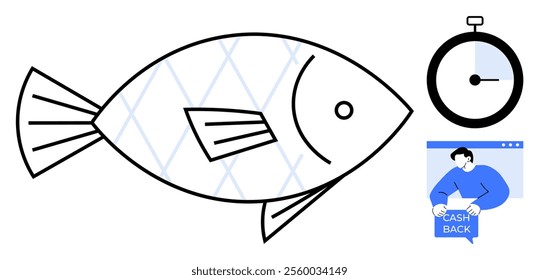 Simple design of a fish, a stopwatch, and a cash back notification. Ideal for finance, e-commerce, shopping, time management, and aquatic themes. Modern, minimal, clean style