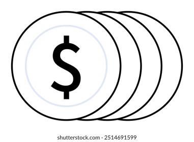 Design simples com quatro moedas sobrepostas, cada uma com um símbolo de dólar. Ideal para tópicos financeiros, bancos, gerenciamento de dinheiro, economia e economia. Ilustração de vetor em preto e branco nítido.