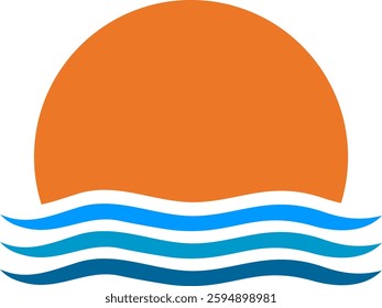 Simple design of half circle sun above wavy lines, representing meeting of sky and sea, ideal for serene, natural concept. Not AI Generated.