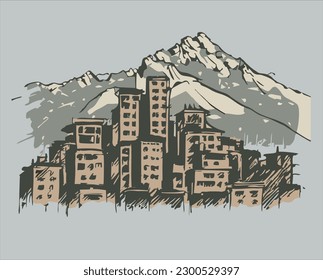 simple design, hand drawn, countryside in nepal country with himalaya mountains in the background