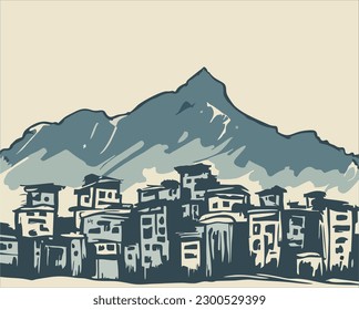 simple design, hand drawn, countryside in nepal country with himalaya mountains in the background