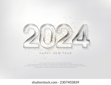 Simple design happy new year 2024 with scattered gold ribbon.