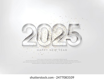 Simple design happy new year 2025 with scattered gold ribbon.