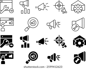 A simple design icon set showcasing various marketing tools including SEO, content marketing, social media, email campaigns, analytics, branding, and digital strategy.