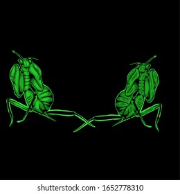 Simple design of illustration of two Praying mantis on black background 