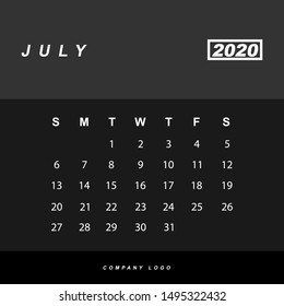 Simple design of July 2020 calendar template 
