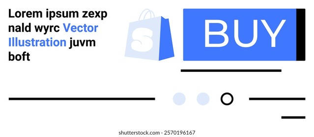 Simple design with a large blue buy button, shopping bag symbol, and placeholder text. Ideal for e-commerce, marketing, digital advertising, web design, and online store promotions. Landing page