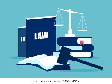 Simple design of legal system elements with books and scales on blue background