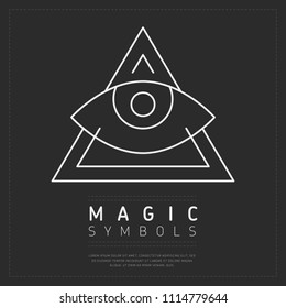 Simple design of linear eye in triangle on dark gray background with logo Magic Symbols