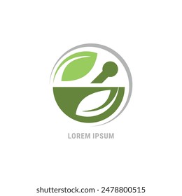 simple design logo for pharmacy combination of mortar and two leaves in circle shape