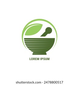 logotipo de diseño simple para la combinación farmacéutica de mortero y hoja en forma de círculo