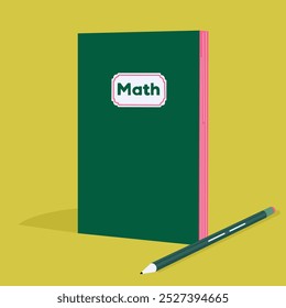 Simple Design Math Notebook with Pencil Graphic : A green notebook is standing upright on the surface