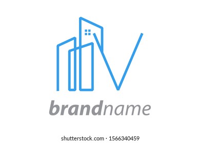 Simple design Mono line City combine with letter V