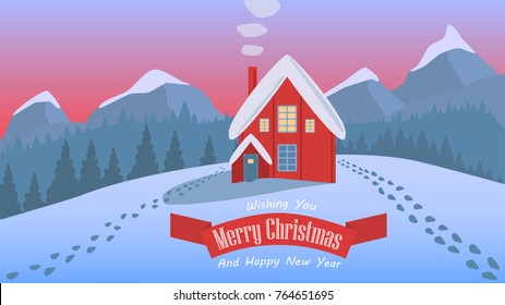 Simple design Night Christmas landscape illustration. Lonely house with warm light in cold winter forest 