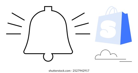 Einfaches Design einer Benachrichtigungsglocke mit Linien, die Ton angeben, einer Einkaufstasche mit einem Buchstaben S und einer Wolke. Ideal für Online-Shopping, E-Commerce, Warnungen, Benachrichtigungen und Updates. Modern