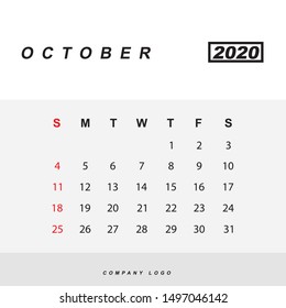Simple design of October 2020 calendar template 
