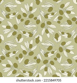 Simple design olive branches in boho style. Seamless pattern of green olives and leaves. Vector flat illustration for design