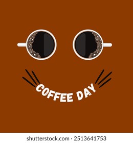 Un diseño simple sobre un fondo marrón con dos tazas de café como ojos y "COFFEE DAY" formando una boca sonriente, perfecta para temas o promociones relacionadas con el café.