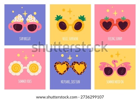Simple design party sunglasses cards. Bright carnival glasses with unusual different shapes frames, cute inscriptions, square templates, carnival eyewear, garish vector cartoon flat style isolated set
