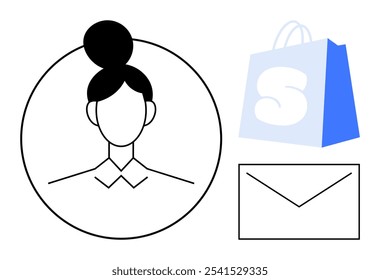 Design simples de um perfil de pessoas em um círculo ao lado de uma sacola de compras azul e um envelope. Ideal para compras online, comércio eletrônico, comunicação, atendimento ao cliente e marketing digital. Limpar linha