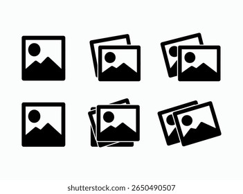 Einfaches Design Fotografie Icon Set Vektor.  Symbolsatz für Galerie. Bildergalerie. Bildzeichen .Fotozeichen. Silhouette eines Bildes, Foto Album Symbol. Vektorgrafik. Bildersymbole, Galeriesymbole
