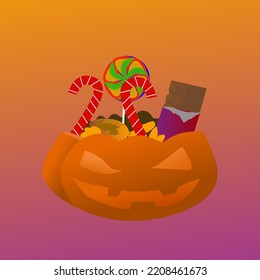 Diseño simple de la cabeza de calabazas y dulces de caramelo para ilustrar el concepto de hellowe 