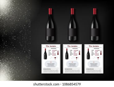 A simple design of realistic bottles of wine and wine cards with descriptions and characteristics of the wine on a black background with sparkling sparkles.Vector illustration in photorealistic style.