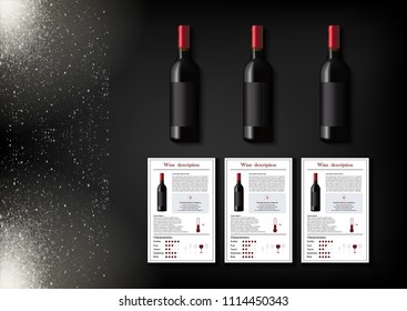 A simple design of realistic bottles of wine and wine cards with descriptions and characteristics of the wine on a black background with sparkling sparkles.Vector illustration in photorealistic style.