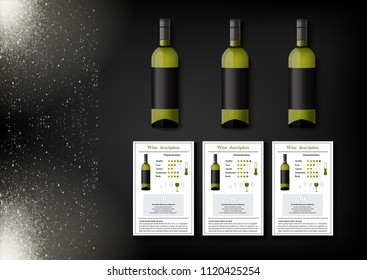 A simple design of realistic bottles of wine and wine cards with descriptions and characteristics of the wine on a black background with sparkling sparkles.Vector illustration in photorealistic style.