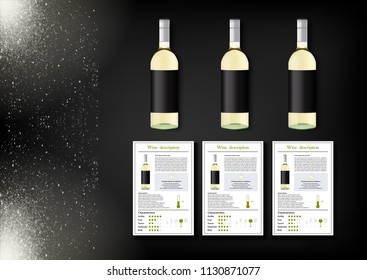 A simple design of realistic bottles of wine and wine cards with descriptions and characteristics of the wine on a black background with sparkling sparkles.Vector illustration in photorealistic style.