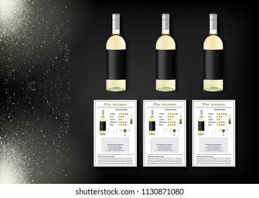 A simple design of realistic bottles of wine and wine cards with descriptions and characteristics of the wine on a black background with sparkling sparkles.Vector illustration in photorealistic style.