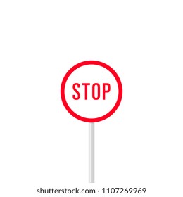 Simple design of round road sign saying Stop and colored in red isolated on white