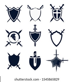 simple design set and shield sword logo icon vectors