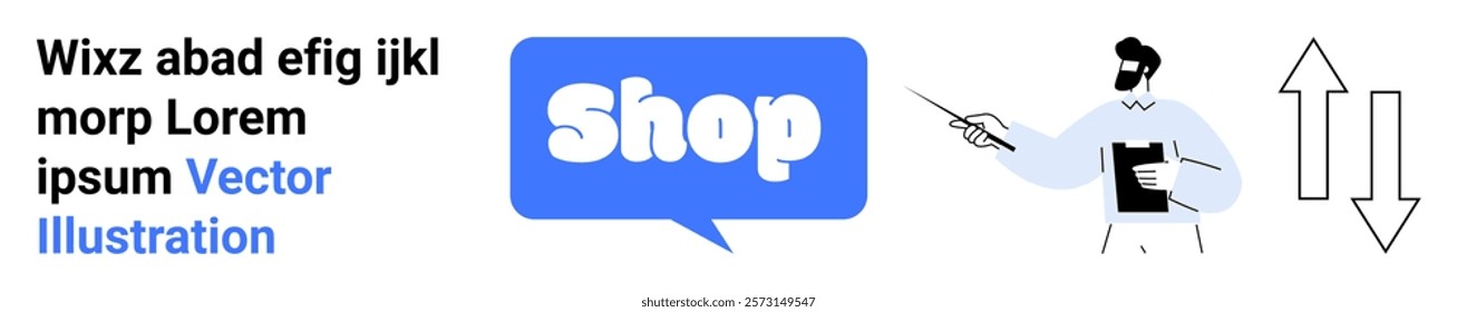 Simple design with Shop speech bubble in blue, text on the left side, a professional figure pointing on the right, and double arrow symbol. Ideal for online shopping, marketing, websites