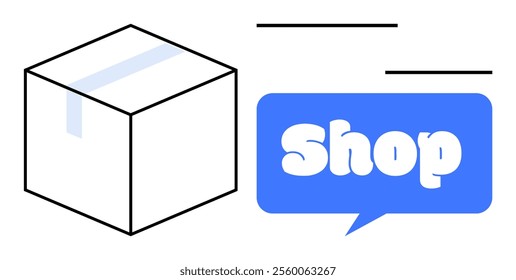 Simple design showing a cardboard box and a blue bubble with word Shop. Ideal for online shopping, e-commerce, delivery services, logistics, and retail business promotions. Created in flat art style