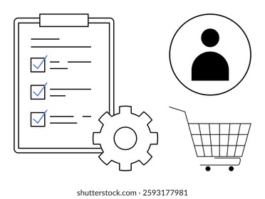 Simple design showing a checklist clipboard, a gear, a profile icon, and a shopping cart Ideal for business operations, shopping lists, user management, task management, and process optimization