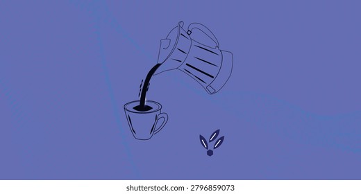 Simple design showing coffee being poured into single cup with coffee beans on bottom right, minimal aesthetic.