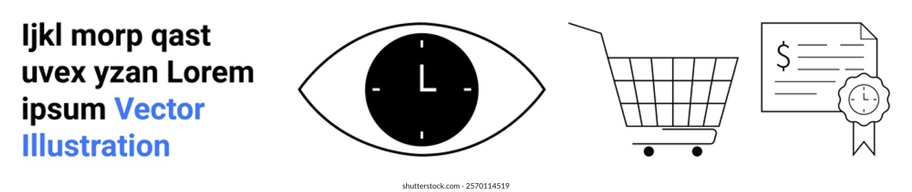 Simple design showing an eye with a clock, a shopping cart, and a certificate with a ribbon. Ideal for time management, e-commerce, certifications, business, and marketing. Banner for landing page