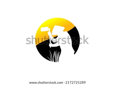 simple design silhouette image of farmer cultivating rice field