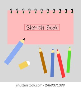 Simple design of sketch book and colored pencil isolated on grey background