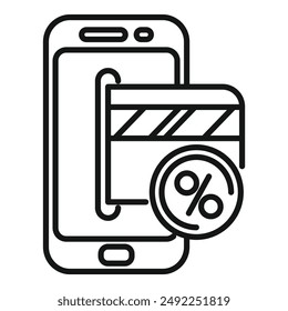 Simple design of a smartphone showing credit card with percentage symbol for online mobile payment concept