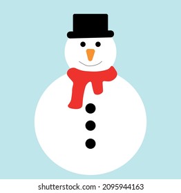 simple design snowman vector illustration. Snowman icon with black hat and red scarf. Festive Christmas symbol for posters, labels or cards. 