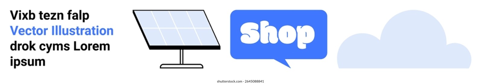 Simple design with a solar panel, a Shop speech bubble, and a cloud element. Ideal for e-commerce, technology, clean energy, online store promotion, and environmental themes. Banner for landing page