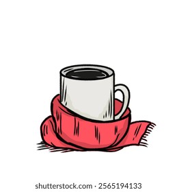 A simple design of a steaming hot beverage in a white mug, wrapped with a red scarf, depicting warmth and comfort during the winter season.